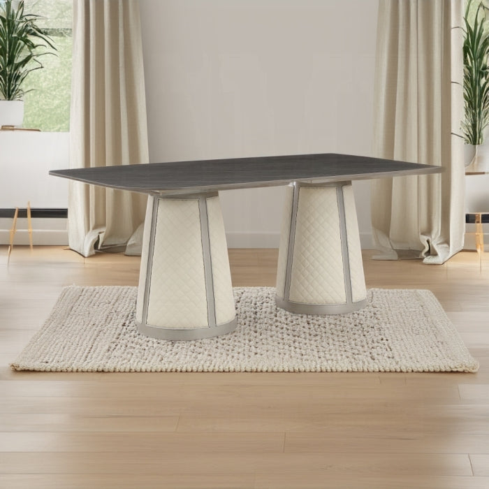 Acme DN02011-7PC 7 pc Kasa champagne finish wood stone top grey linen fabric dining table set
