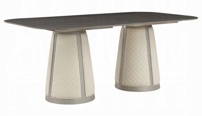 Acme DN02011-7PC 7 pc Kasa champagne finish wood stone top grey linen fabric dining table set