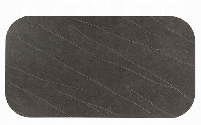 Acme DN02011-7PC 7 pc Kasa champagne finish wood stone top grey linen fabric dining table set