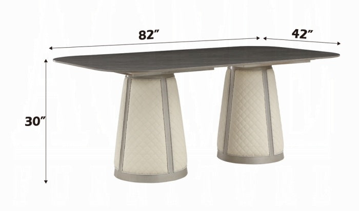 Acme DN02011-7PC 7 pc Kasa champagne finish wood stone top grey linen fabric dining table set