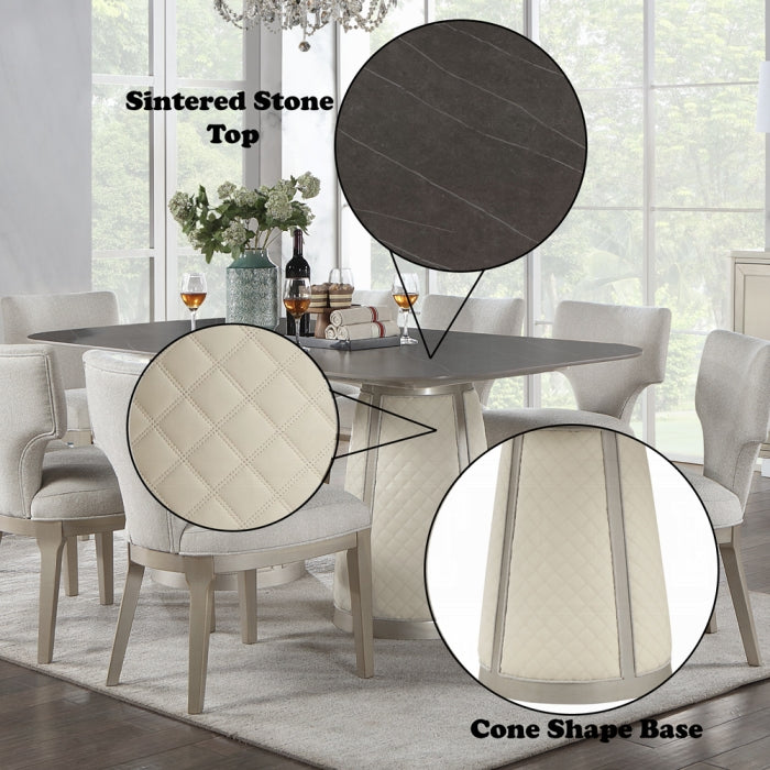 Acme DN02011-7PC 7 pc Kasa champagne finish wood stone top grey linen fabric dining table set