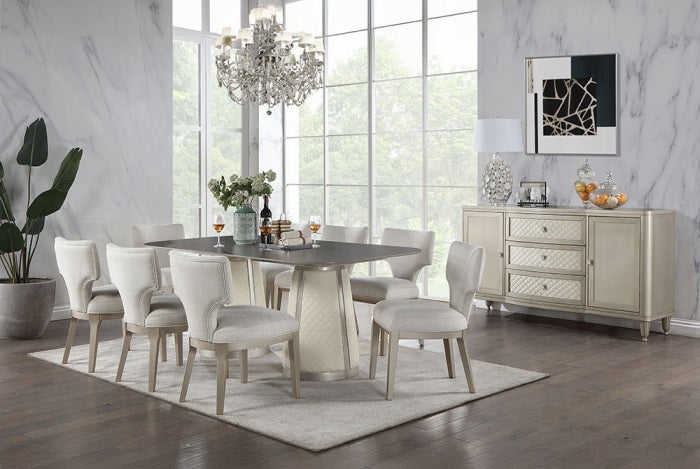 Acme DN02011-7PC 7 pc Kasa champagne finish wood stone top grey linen fabric dining table set