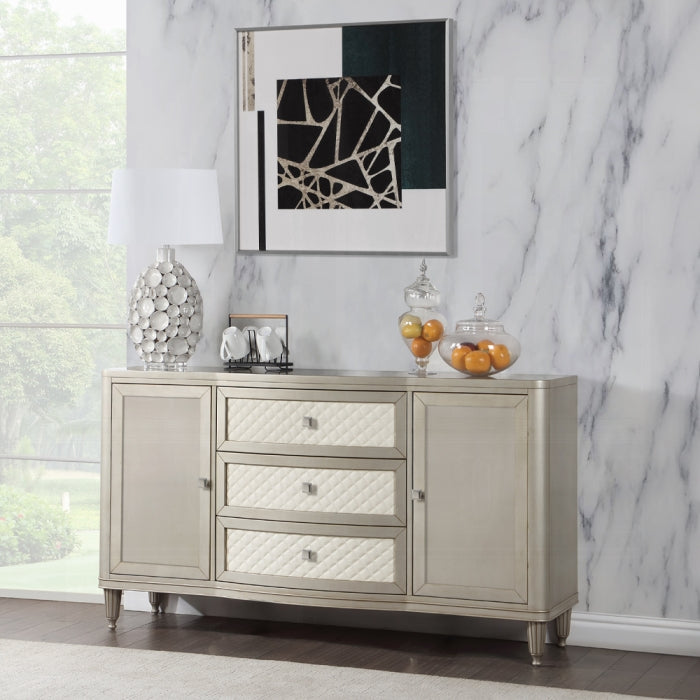 Acme DN02013 Kasa champagne finish wood faux leather diamond fronts dining buffet server sideboard cabinet