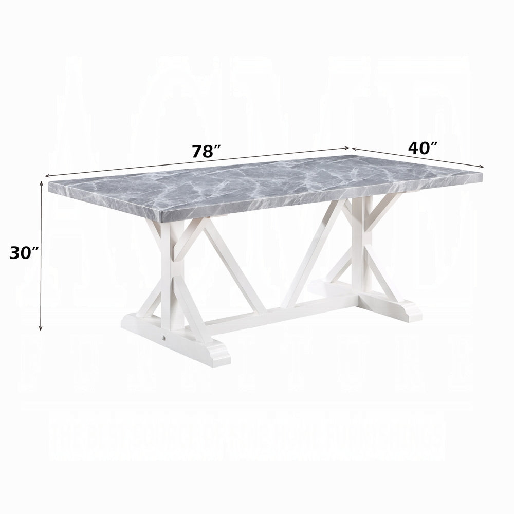 Acme DN02159-7PC  7 pc Canora grey Hollyn white wood base grey and white engineered marble top dining table set