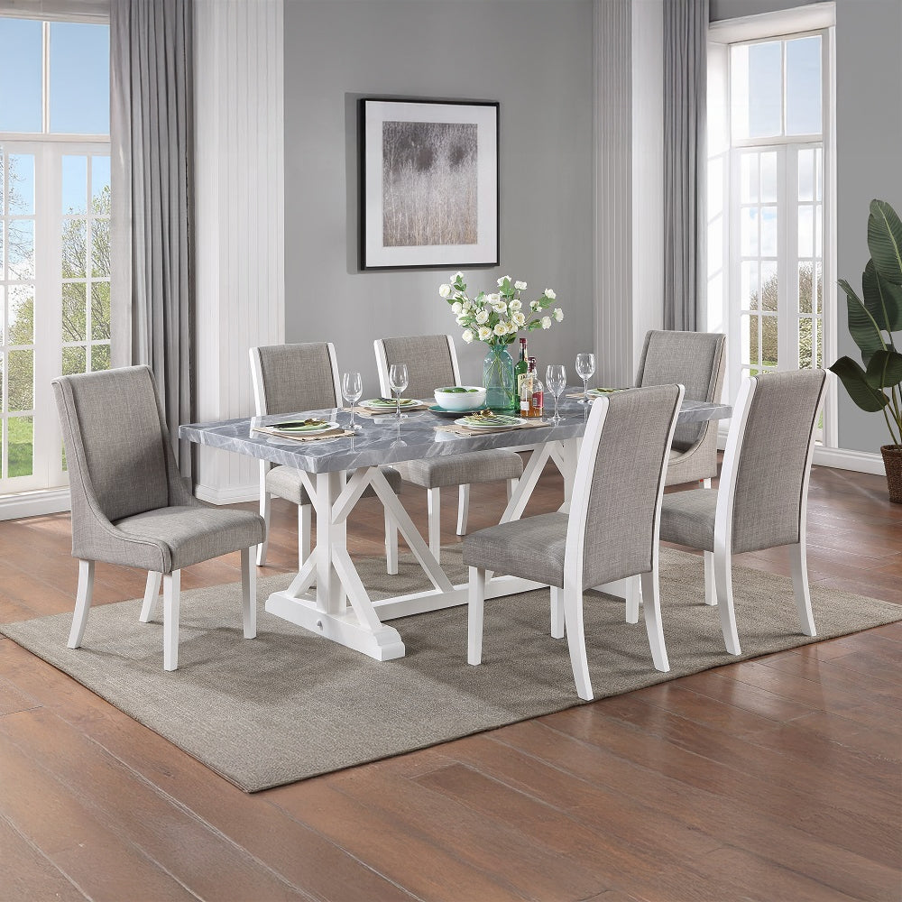 Acme DN02159-7PC  7 pc Canora grey Hollyn white wood base grey and white engineered marble top dining table set