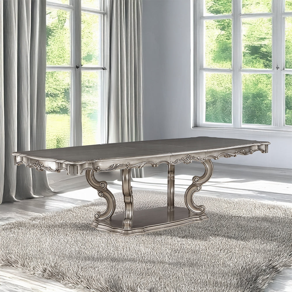 Acme DN02281-7PC 7 pc Ariadne antique platinum finish wood pedestal dining table set