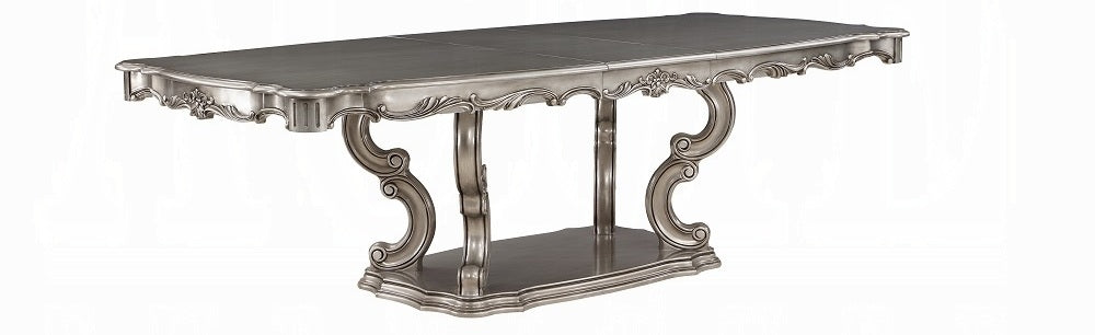 Acme DN02281-7PC 7 pc Ariadne antique platinum finish wood pedestal dining table set
