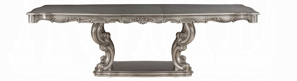 Acme DN02281-7PC 7 pc Ariadne antique platinum finish wood pedestal dining table set