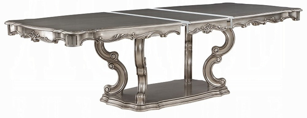 Acme DN02281-7PC 7 pc Ariadne antique platinum finish wood pedestal dining table set