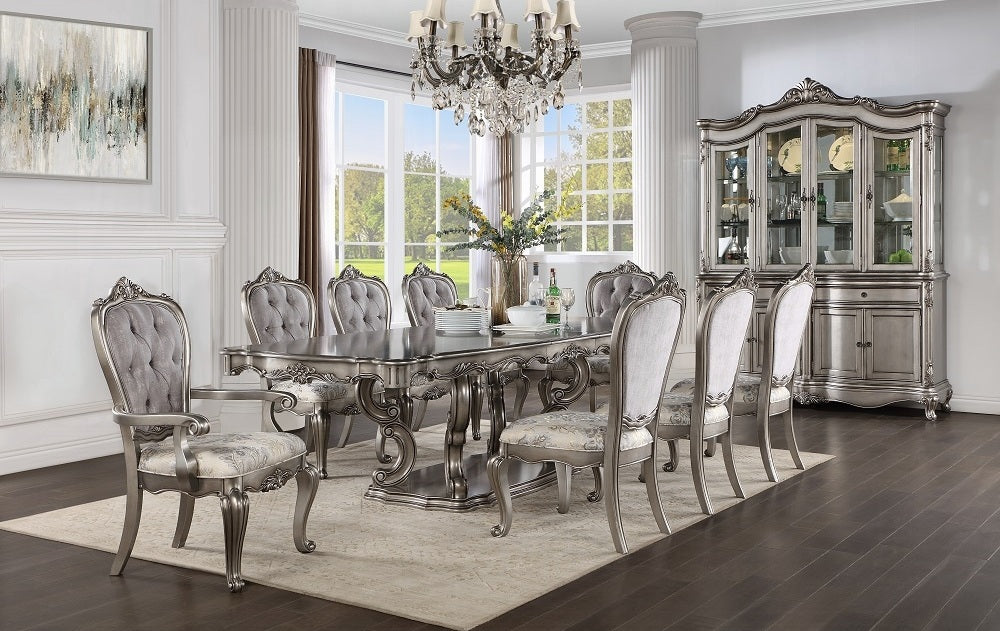 Acme DN02281-7PC 7 pc Ariadne antique platinum finish wood pedestal dining table set