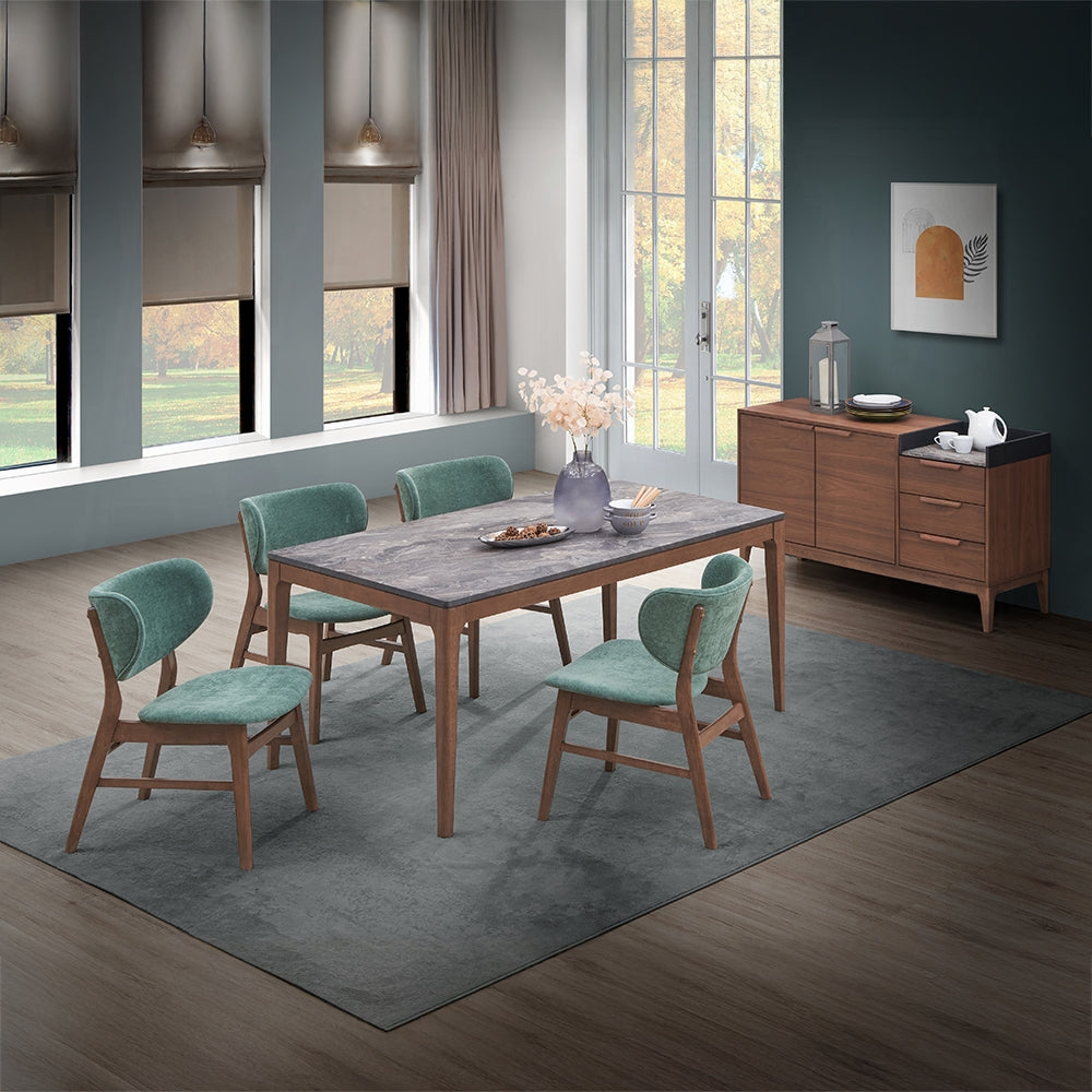 Acme DN02312-14 5 pc bevis walnut finish wood and engineered stone top mid century modern dining table set green chairs