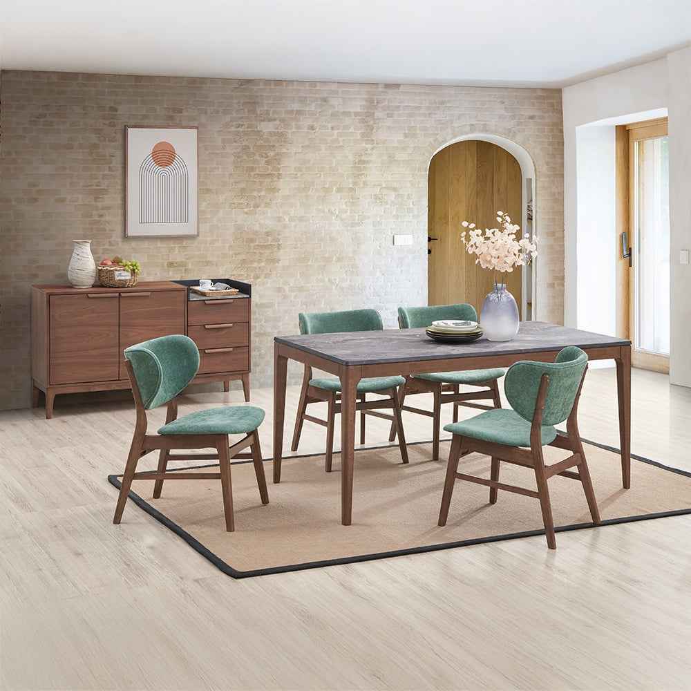 Acme DN02312-14 5 pc bevis walnut finish wood and engineered stone top mid century modern dining table set green chairs