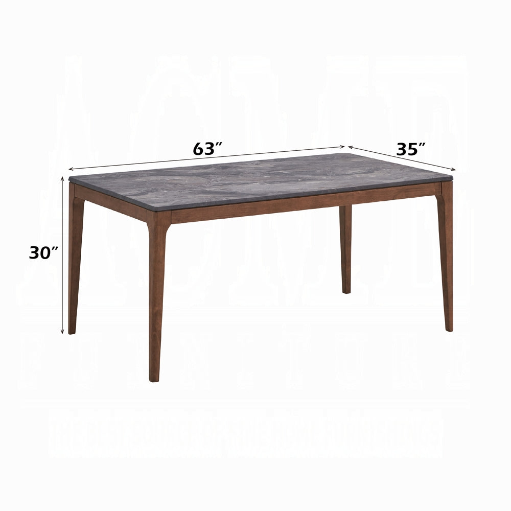 Acme DN02312-14 5 pc bevis walnut finish wood and engineered stone top mid century modern dining table set green chairs