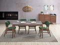 Acme DN02312-14 5 pc bevis walnut finish wood and engineered stone top mid century modern dining table set green chairs