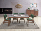 Acme DN02312-14 5 pc bevis walnut finish wood and engineered stone top mid century modern dining table set green chairs