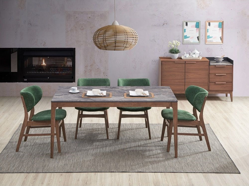 Acme DN02312-14 5 pc bevis walnut finish wood and engineered stone top mid century modern dining table set green chairs