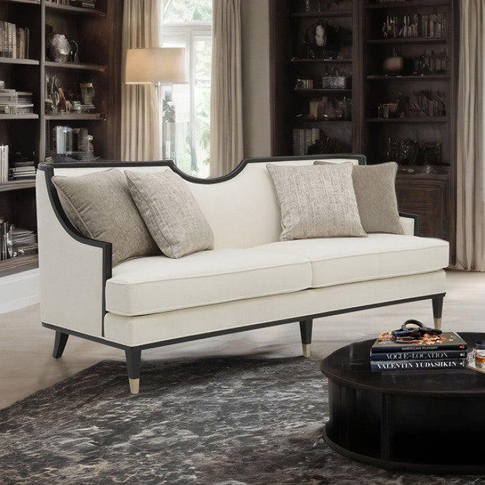 FM67005WH-SL 2 pc La Salle white chenille fabric with black wood trim accents feather blend sofa and love seat set