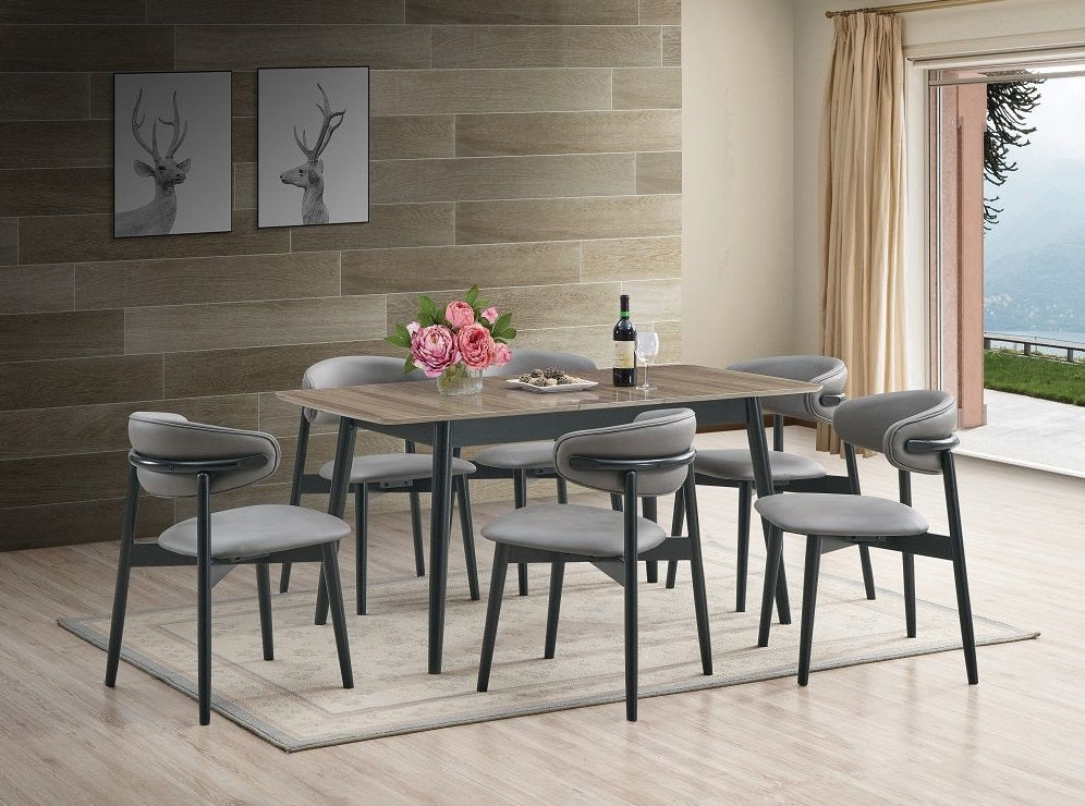 Acme DN02364-7PC 7 pc Lanae two tone finish black and oak finish wood mid century modern dining table set grey chairs