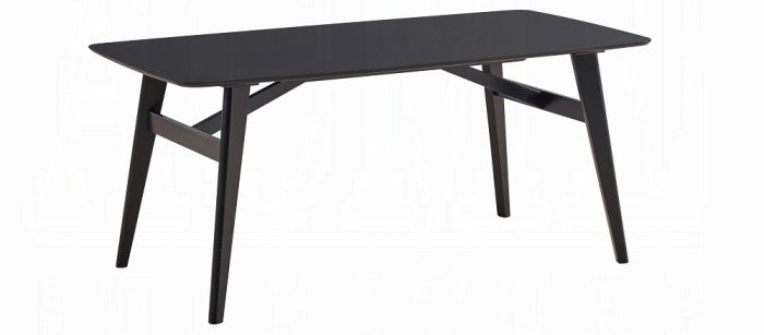 Acme DN02366-7PC 7 pc Eliora black finish wood mid century modern dining table set camel colored chairs