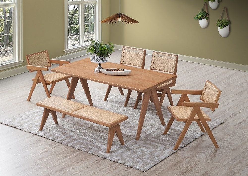 Acme DN02371-6PC 6 pc Velentina natural finish wood mid century modern dining table set with bench