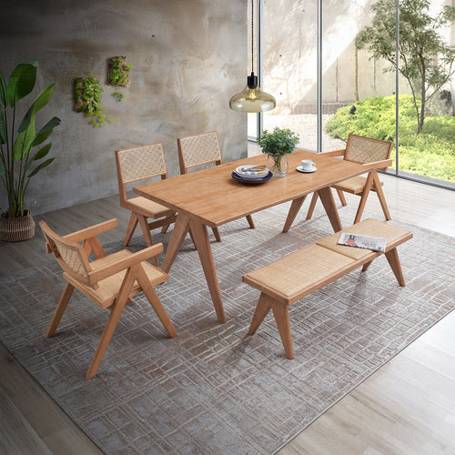 Acme DN02371-6PC 6 pc Velentina natural finish wood mid century modern dining table set with bench