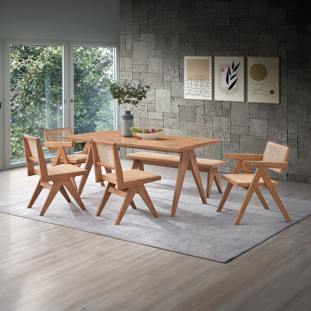 Acme DN02371-6PC 6 pc Velentina natural finish wood mid century modern dining table set with bench