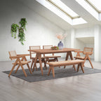 Acme DN02371-6PC 6 pc Velentina natural finish wood mid century modern dining table set with bench