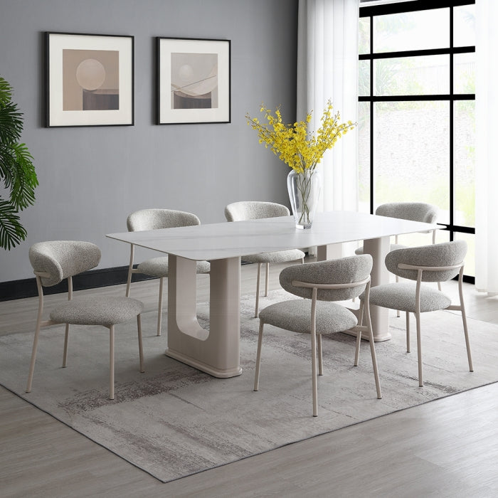 Acme DN02705-7PC 7 pc Kalam beige finish wood ceramic whiite marble look top mid century modern dining table set