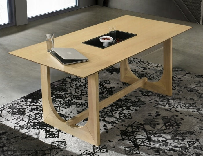 Acme DN02865-7PC  7 pc Blayde natural finish wood with black glass insert dining table set swivel chairs