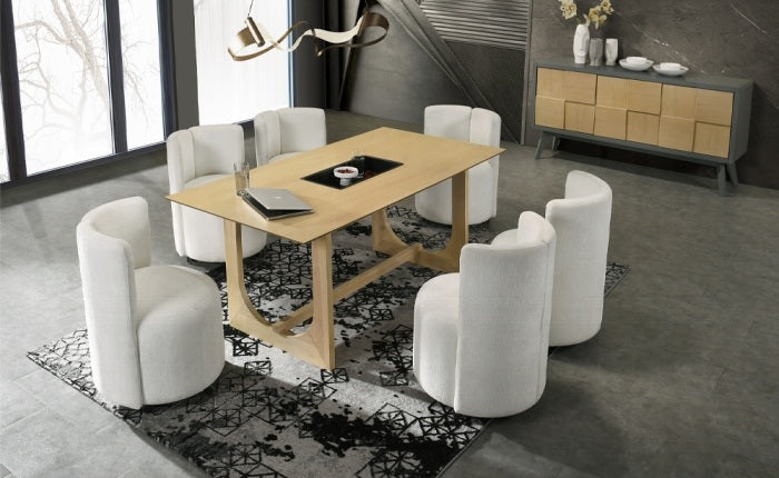 Acme DN02865-7PC  7 pc Blayde natural finish wood with black glass insert dining table set swivel chairs