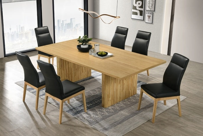 Acme DN02905-7PC 7 pc Einar natural finish wood dining table set black top grain leather chairs