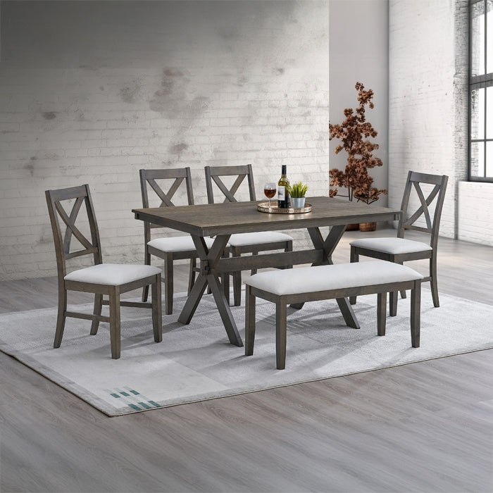 Acme DN02935-7PC 7 pc Marit gray finish wood trestle base farmhouse dining table set with bench