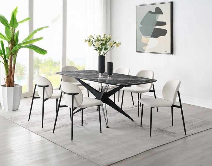 Acme DN03045-46-7PC 7 pc Darcy black metal frame black marble look tempered glass top modern dining table set
