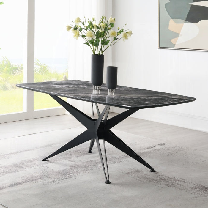 Acme DN03045-46-7PC 7 pc Darcy black metal frame black marble look tempered glass top modern dining table set