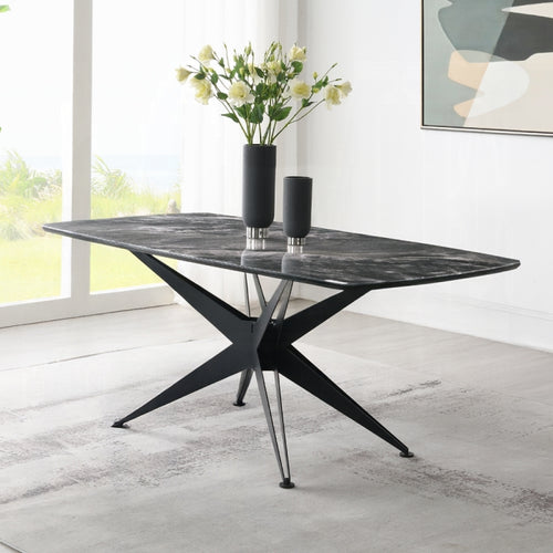 Acme DN03045-47-7PC 7 pc Darcy black metal frame black marble look tempered glass top modern dining table set