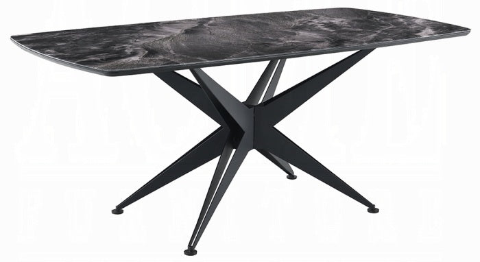 Acme DN03045-46-7PC 7 pc Darcy black metal frame black marble look tempered glass top modern dining table set