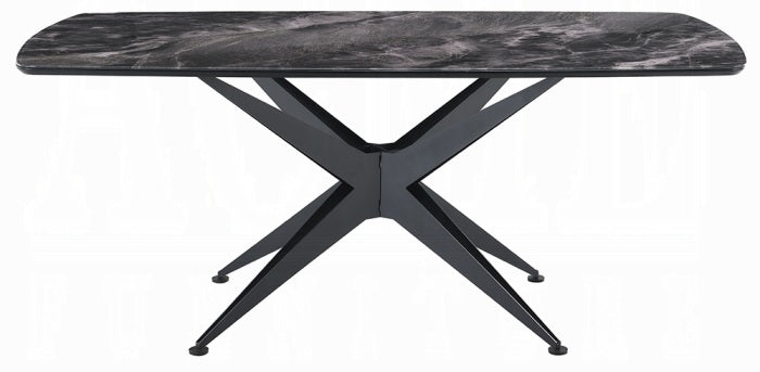 Acme DN03045-47-7PC 7 pc Darcy black metal frame black marble look tempered glass top modern dining table set