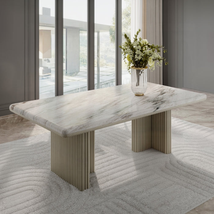 Acme DN03085-7PC 7 pc Charity grey oak finish wood rounded edge white marble top dining table set