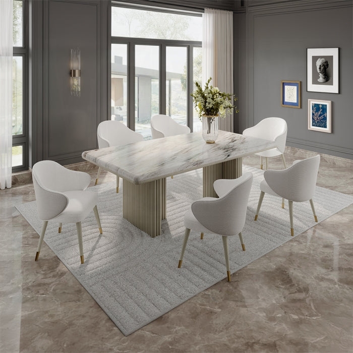 Acme DN03085-7PC 7 pc Charity grey oak finish wood rounded edge white marble top dining table set