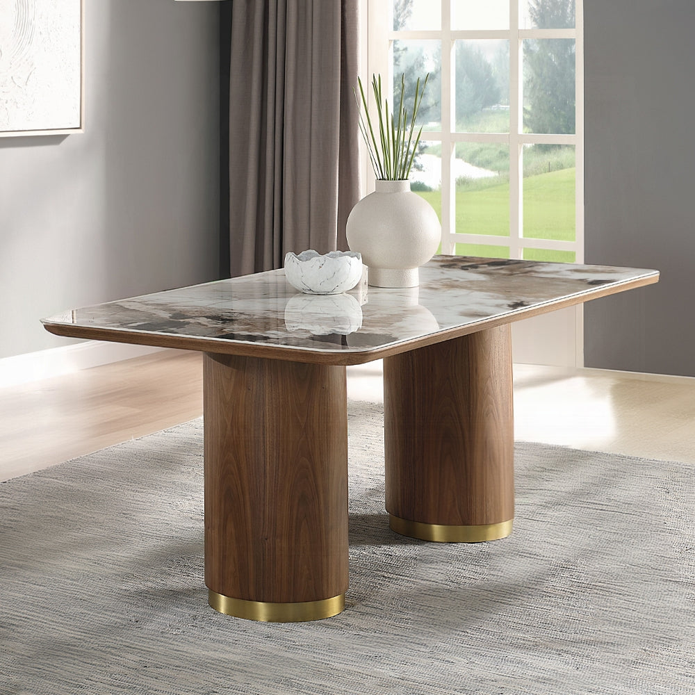 Acme DN03145-7PC 7 pc Willene walnut finish wood ribbed pedestals ceramic marble top mid century dining table set
