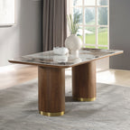 Acme DN03145-7PC 7 pc Willene walnut finish wood ribbed pedestals ceramic marble top mid century dining table set