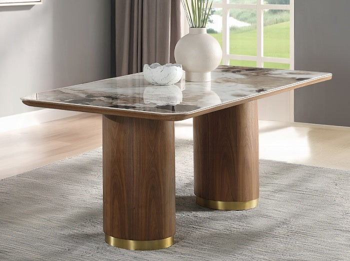 Acme DN03145-7PC 7 pc Willene walnut finish wood ribbed pedestals ceramic marble top mid century dining table set