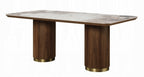Acme DN03145-7PC 7 pc Willene walnut finish wood ribbed pedestals ceramic marble top mid century dining table set