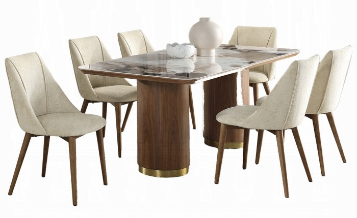 Acme DN03145-7PC 7 pc Willene walnut finish wood ribbed pedestals ceramic marble top mid century dining table set