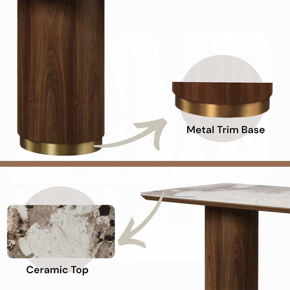 Acme DN03145-7PC 7 pc Willene walnut finish wood ribbed pedestals ceramic marble top mid century dining table set