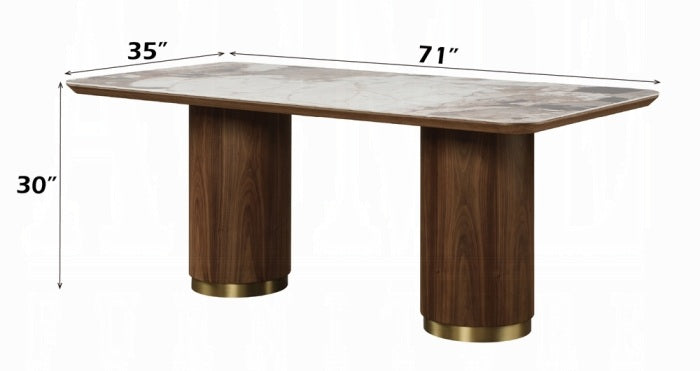 Acme DN03145-7PC 7 pc Willene walnut finish wood ribbed pedestals ceramic marble top mid century dining table set