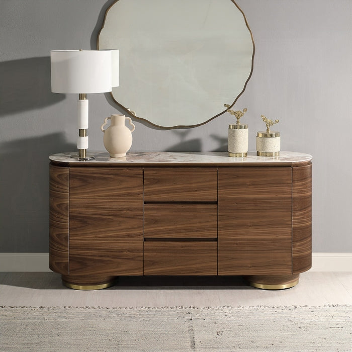 Acme DN03148 Willene walnut finish wood ribbed sides ceramic marble top ...