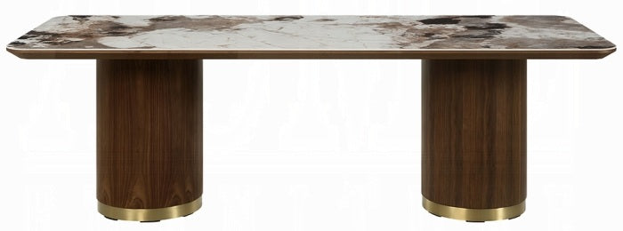 Acme DN03305-7PC 7 pc Willene walnut finish wood ribbed pedestals ceramic marble top mid century dining table set