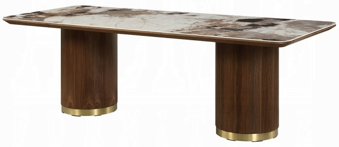 Acme DN03305-7PC 7 pc Willene walnut finish wood ribbed pedestals ceramic marble top mid century dining table set
