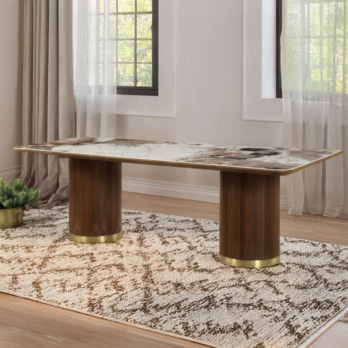 Acme DN03305-7PC 7 pc Willene walnut finish wood ribbed pedestals ceramic marble top mid century dining table set